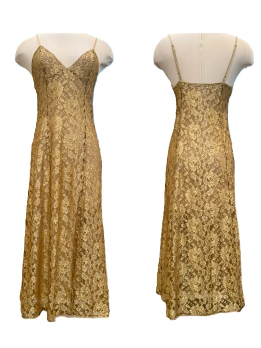 Victoria’s Secret Gold Lace Slip Dress Vintage High Slit Nightgown Size Large